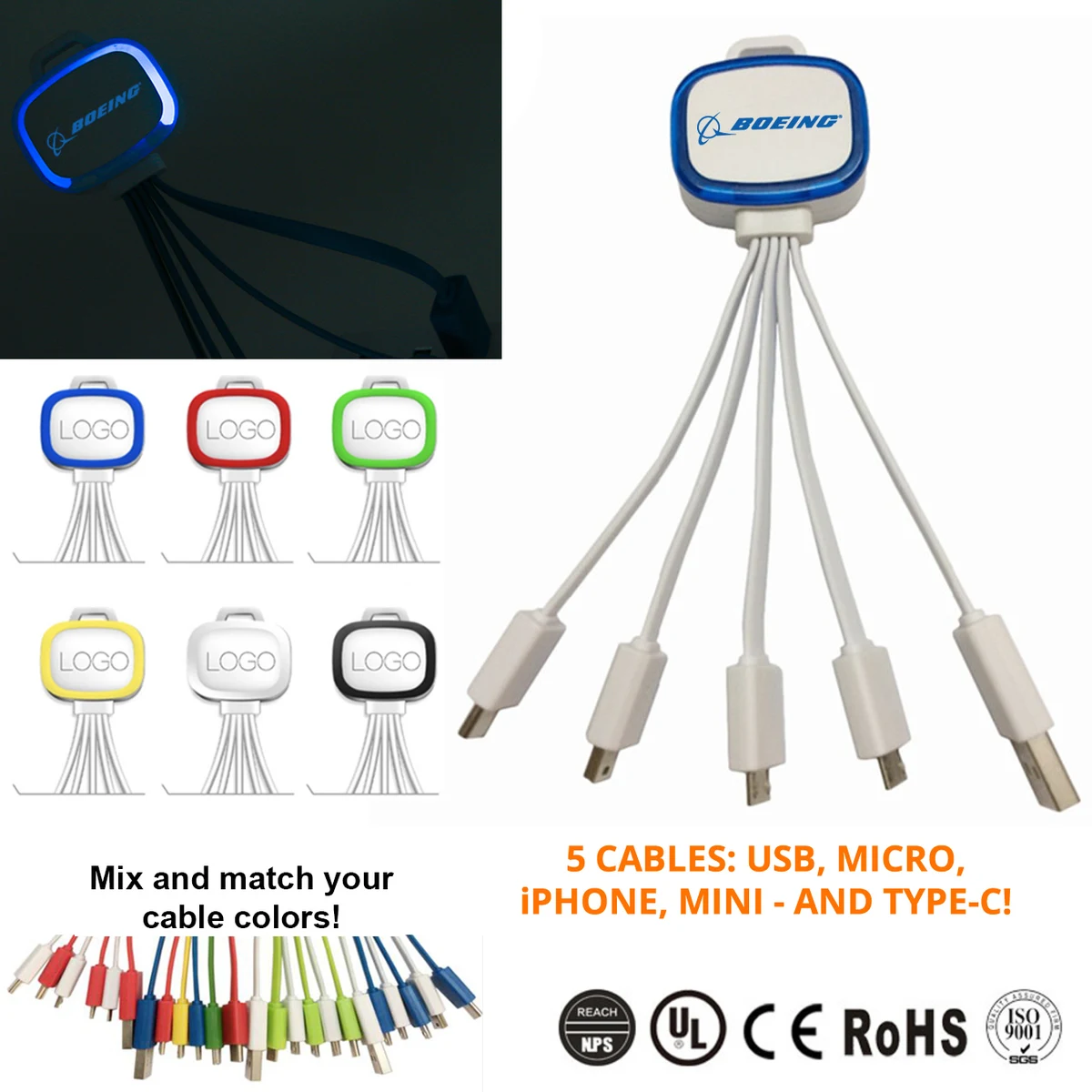 Light Up 5-In-1 Mobile USB Charging Cables - W/ Type C 1