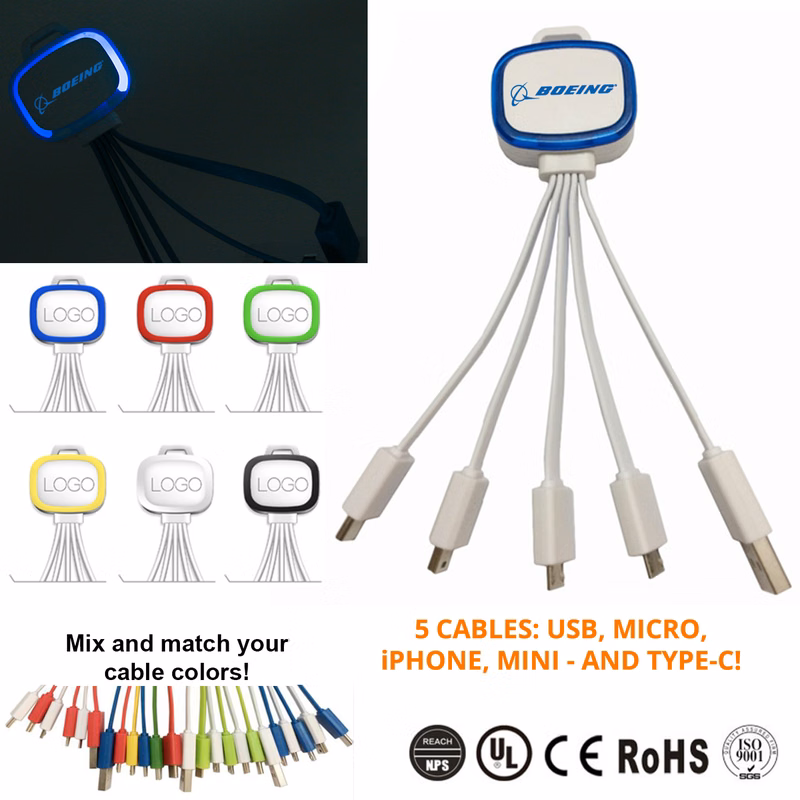 Light Up 5-In-1 Mobile USB Charging Cables - W/ Type C