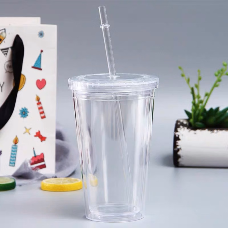 Custom 16oz Double-wall Plastic Cups with straw