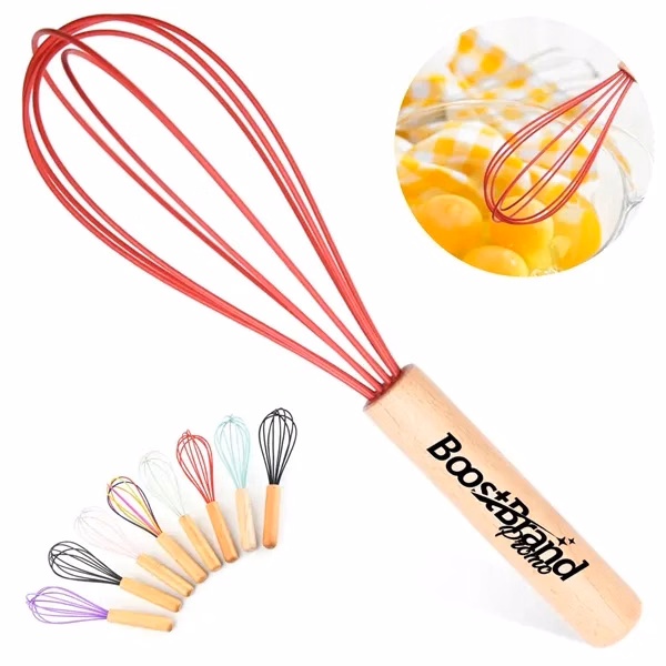 Custom Silicone Whisk with Natural Wood Handle — Heat Resistant Kitchen Tool