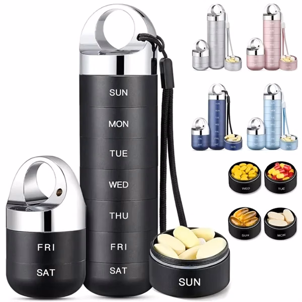 Custom 6.1 Inch Aluminum 7-Day Pill Organizer Travel Case — Healthcare Wellness Gift