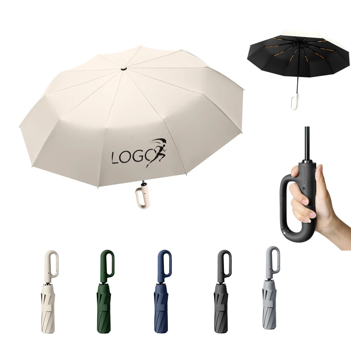 Auto Open Folding Umbrella With Carabiner Handle 1