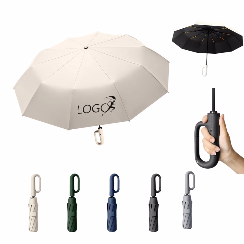 Auto Open Folding Umbrella With Carabiner Handle