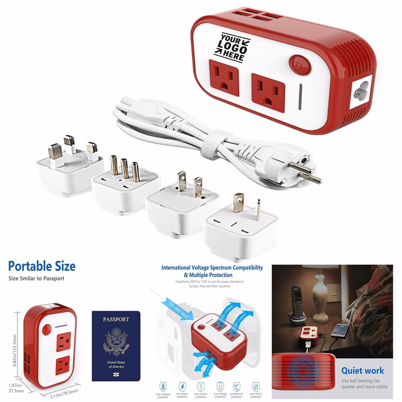 International Step Down 220V to 110V Voltage Converter with 4-Port USB Power Travel Adapter