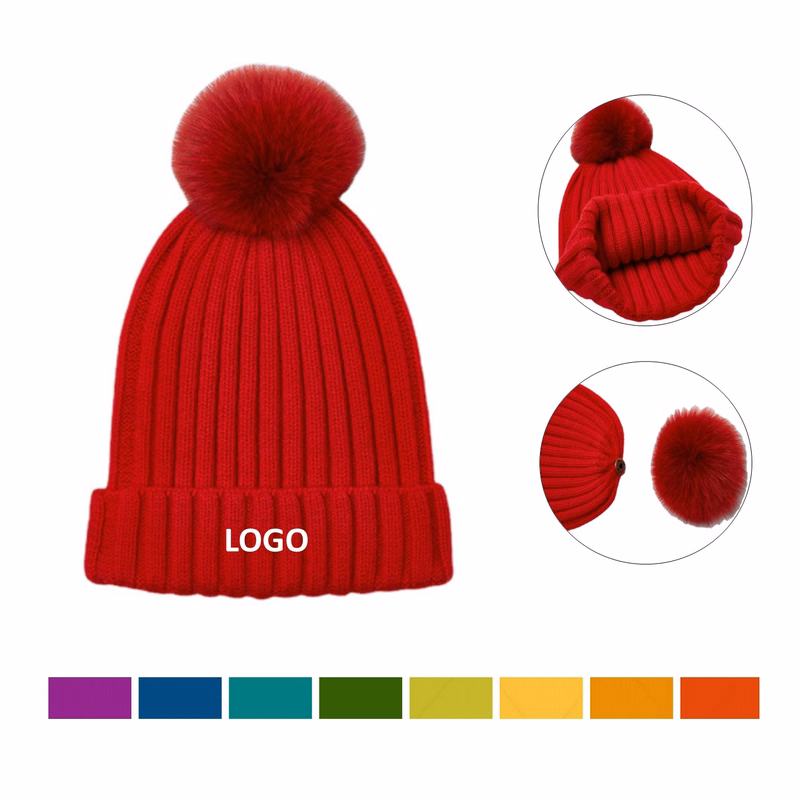 100% Merino Blend Beanie With Detachable Pom-Pom