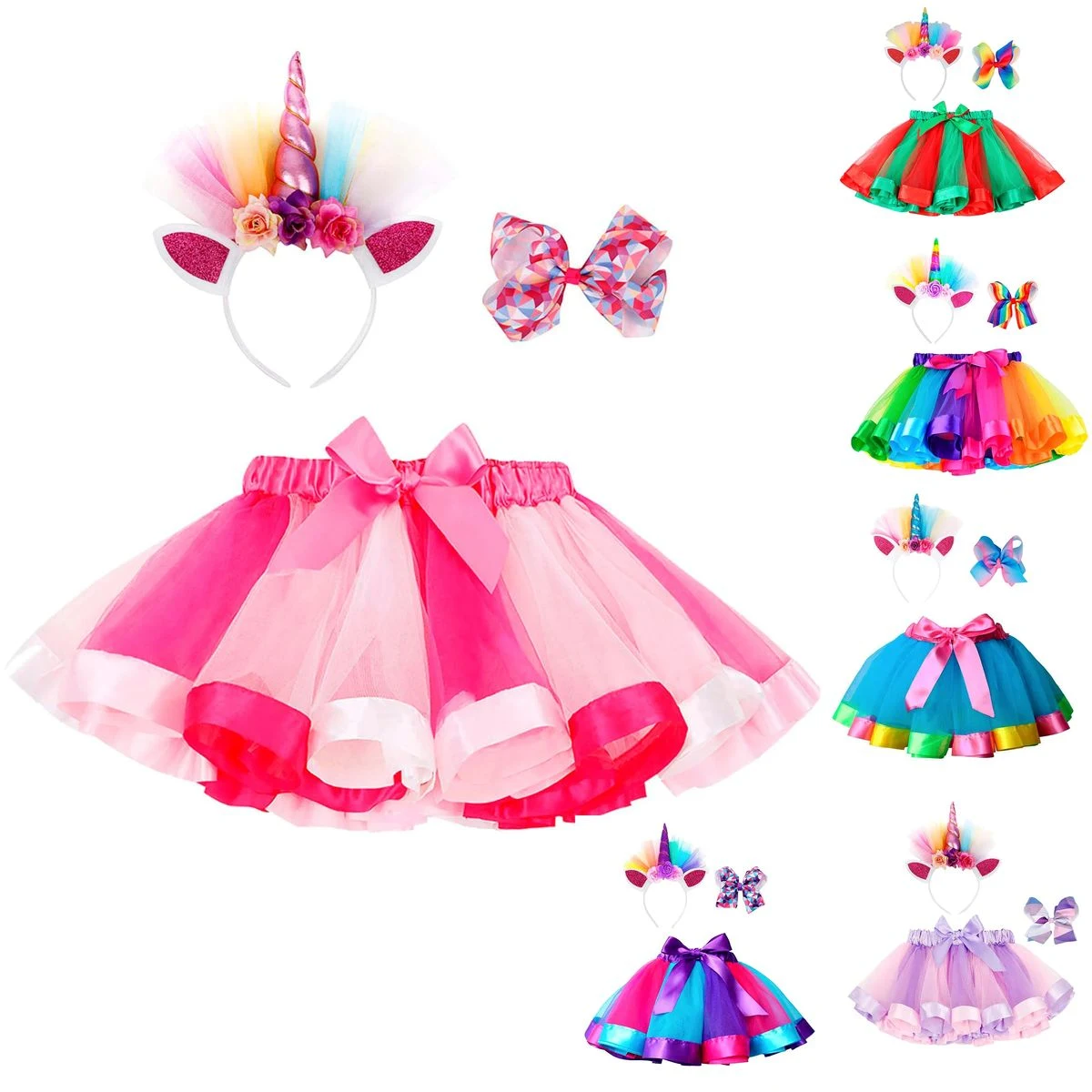 Rainbow Layered Tutu Skirt with Unicorn Headband & Hair Bow 1