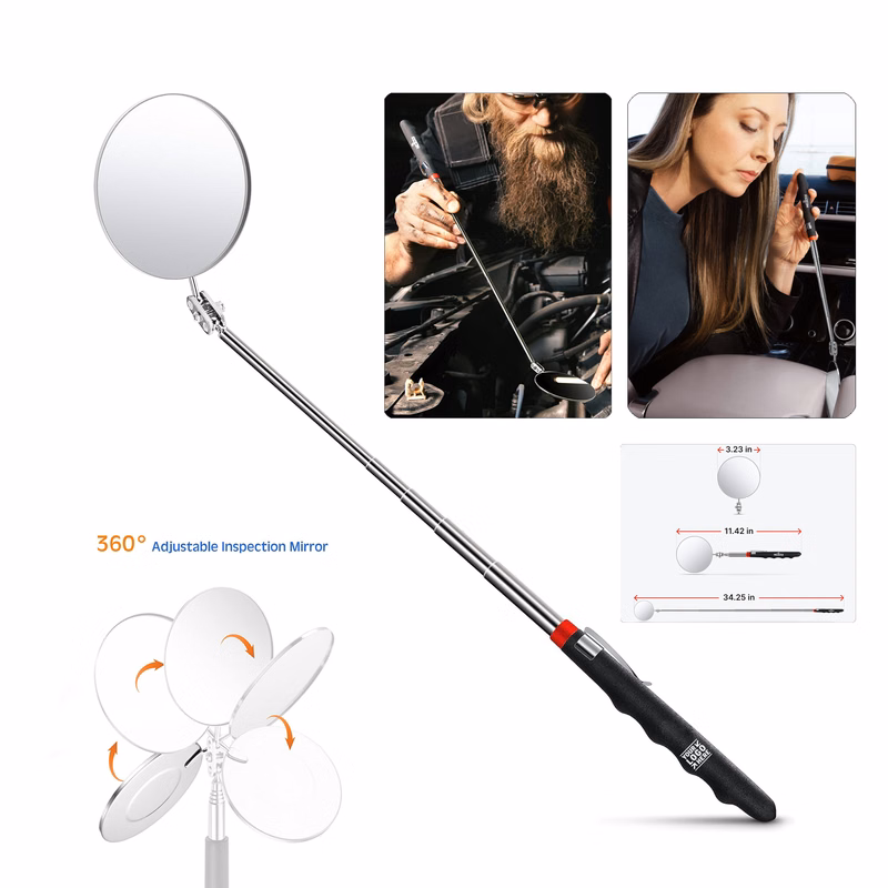 Heavy Duty Telescoping 3.23 Inch Round Extendable Inspection Mirror Stick Up to 30in with Pouch