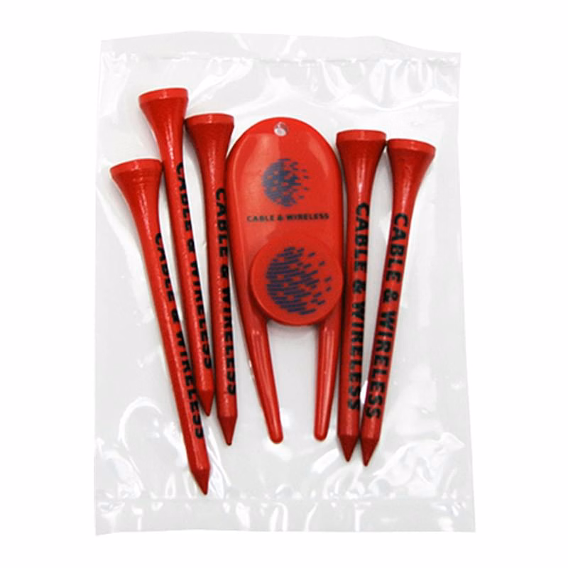 Golf Tee Poly Packet w/ 5 Tees, 1 Ball Marker & 1 Divot Tool