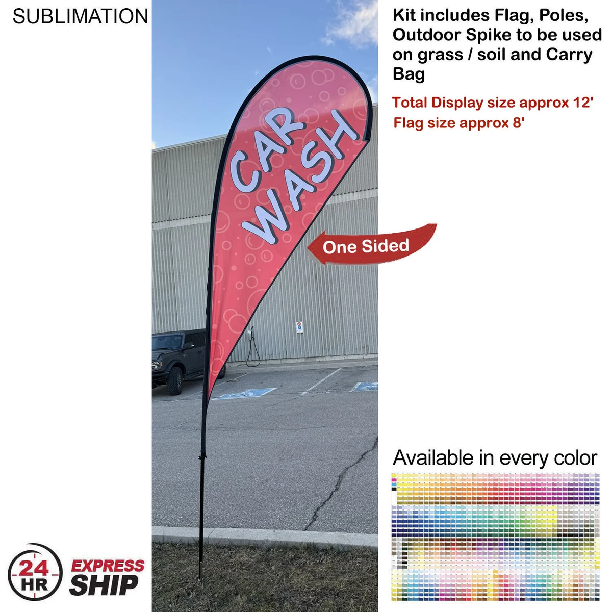 24Hr Express Ship - 12' Medium Tear Drop Flag Kit, Full Color Graphics One Side, Spike and Bag. 1