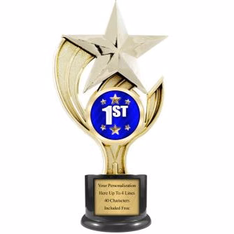 Trophy: 9", 3.5" black round base, Holder w/mylar