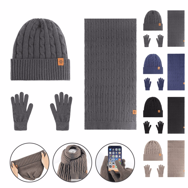 Winter Knitted Hat Scarf Touchscreen Glove Set