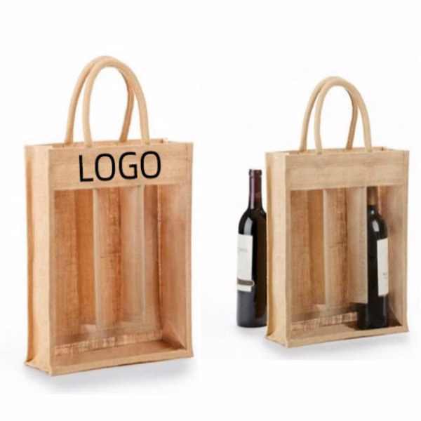 Clear Front Jute Triple Bottle Wine Bag