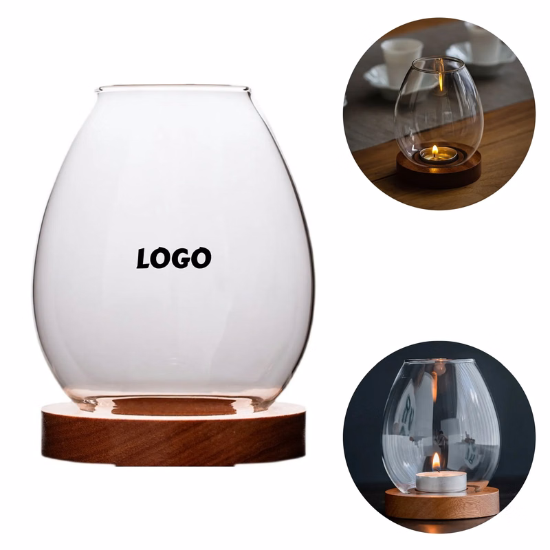 Glass Candle Holder Wood Base Wish Candlestick