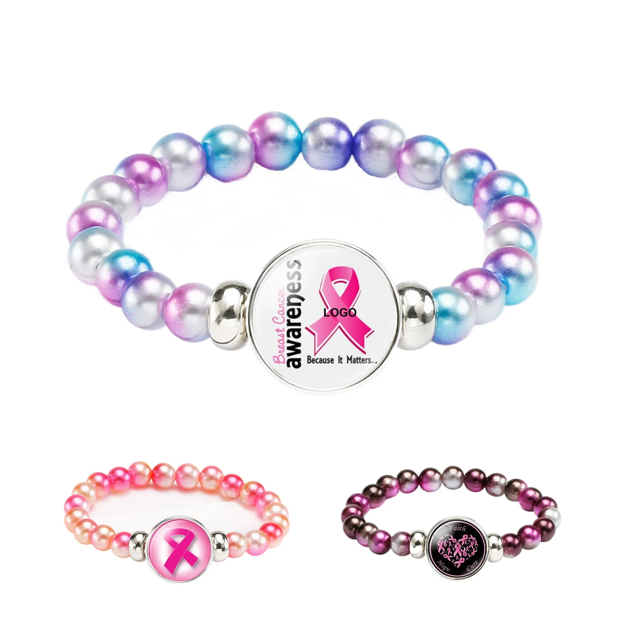 Pink Ribbon Beads Bracelet (direct import) 1