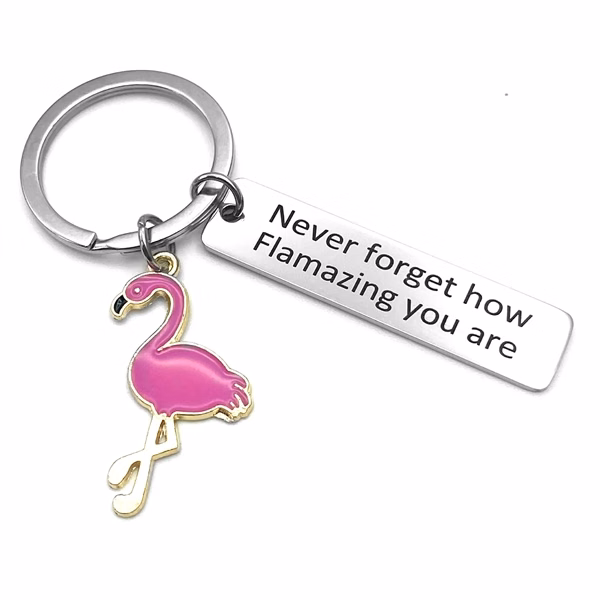 Custom Hand-Stamped Metal Flamingo Charm Keychain — Employee Motivation and Brand Accent