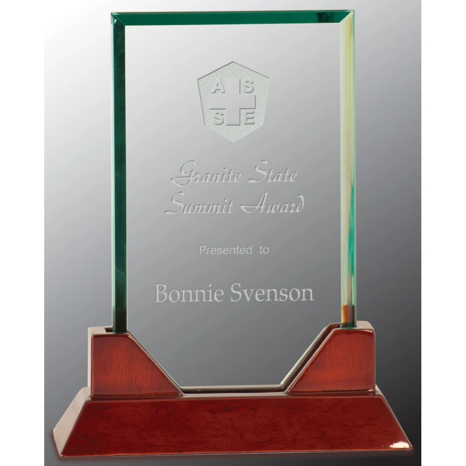 8 3/4" Rectangle Prestige Glass Award with Rosewood Piano Finish Base 1