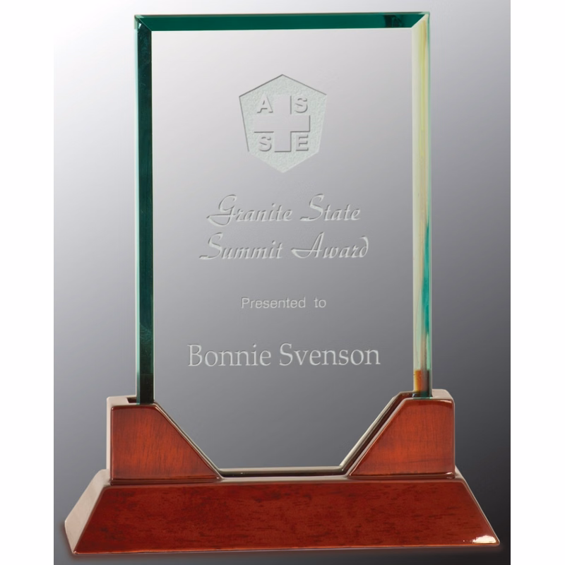 8 3/4" Rectangle Prestige Glass Award with Rosewood Piano Finish Base