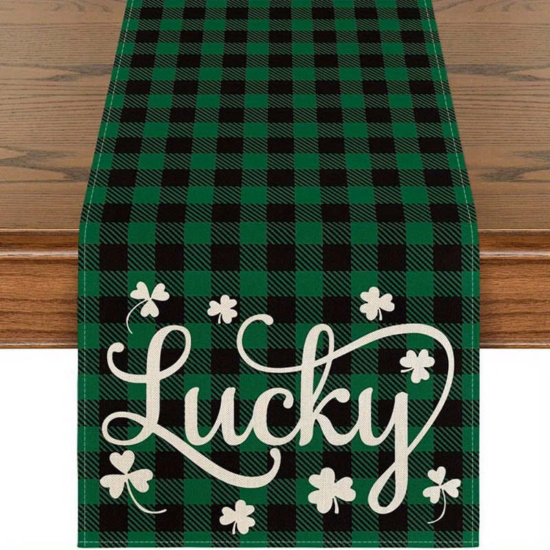 Green Lucky Clover Heat-Resistant Stain-Proof Linen Table Runner