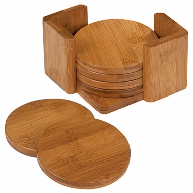 Round Bamboo 6pc Coaster Set with Holder