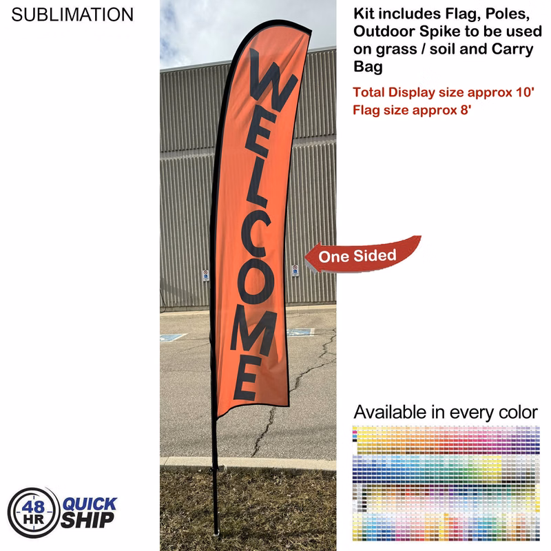48 Hr Quick Ship - 10' Small Feather Flag Kit, Full Color Graphics One Side, Spike and Bag Included.
