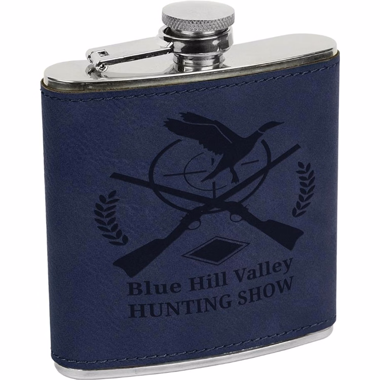 Laser Engraved Leatherette Covered Stainless Steel Flask - Blue