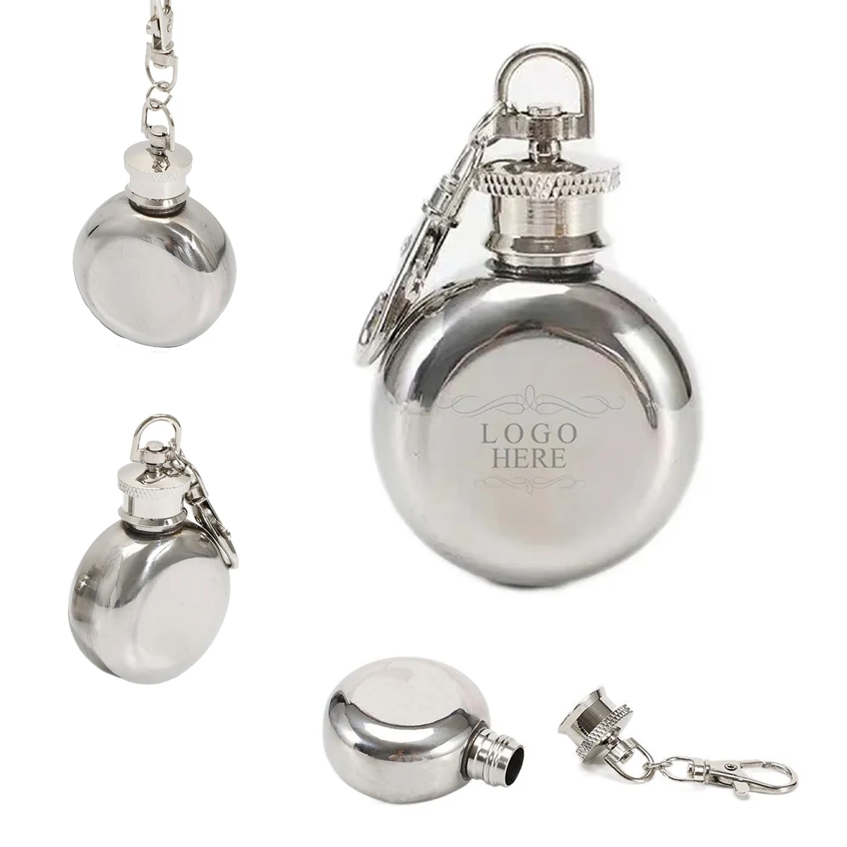 Mini Stainless Steel Round Hip Flask Keychain 1oz 1