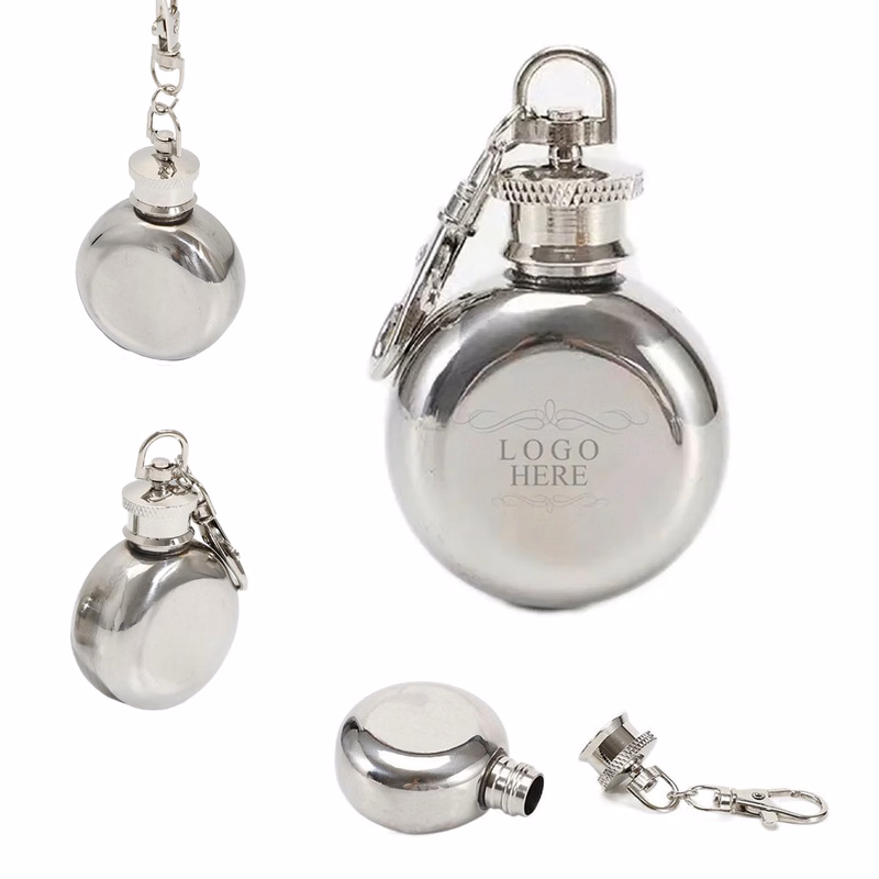 Mini Stainless Steel Round Hip Flask Keychain 1oz