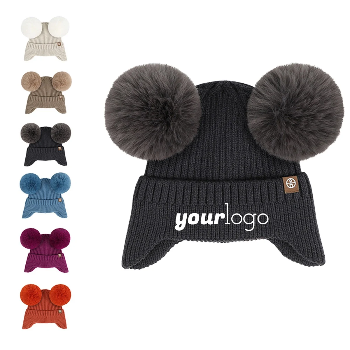 Double Pom Pom Earflap Winter Beanie for Kids, custom youth shirt with logo imprint 1