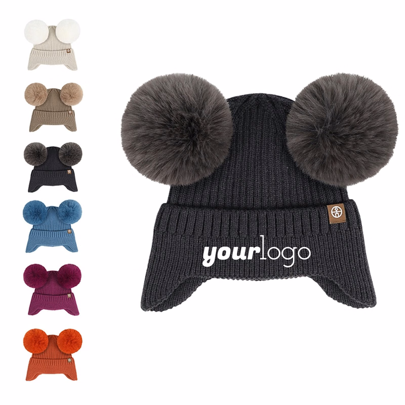 Double Pom Pom Earflap Winter Beanie for Kids