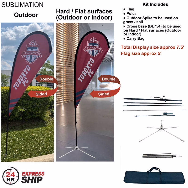 24Hr Express Ship - 7.5' Small Tear Drop Flag Kit, Full Color Graphic 2 Sided, Outdoor & Indoor base