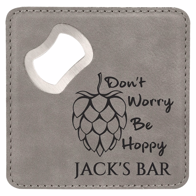 4" x 4" Square Gray Leatherette Coaster w/ Bottle Opener