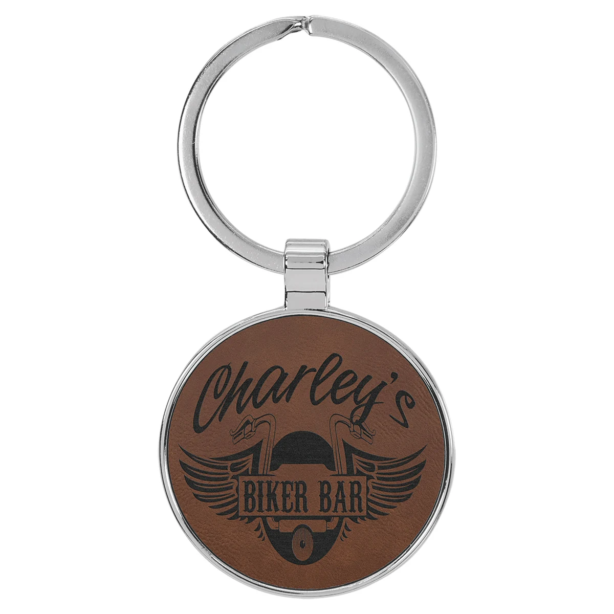 Dark Brown Leatherette/Metal Round Keychain 1