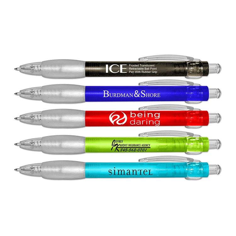 ICE - Frosted Translucent Retractable Ball Point Pen With Rubber Grip 1