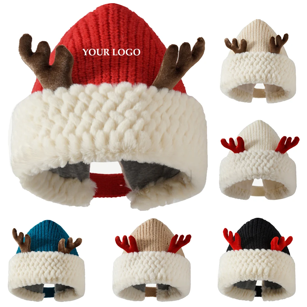 Christmas Cute Red Antler Knitted Beanie Hat 1