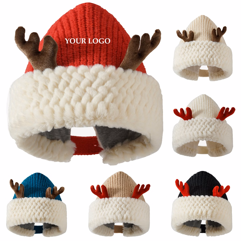 Christmas Cute Red Antler Knitted Beanie Hat