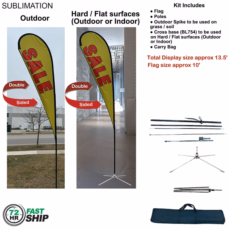 72Hr Fast - 13.5' Large Tear Drop Flag Kit, Full Color Graphic Double Side, Outdoor & Indoor Use
