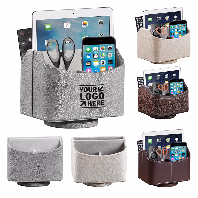 360 Degree Spinning Desk TV Remote Caddy Desk Organizer Accessory PU Leather Remote Control Holder