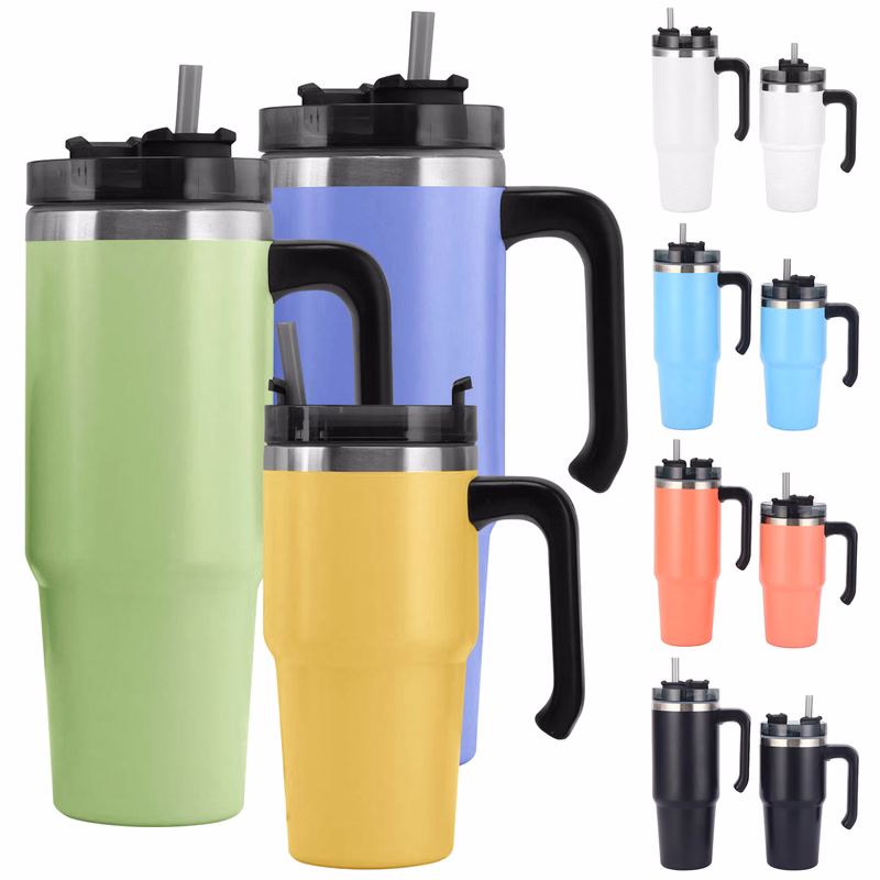 30oz Stainless Handle Mugs with Lids and Plastic Straws