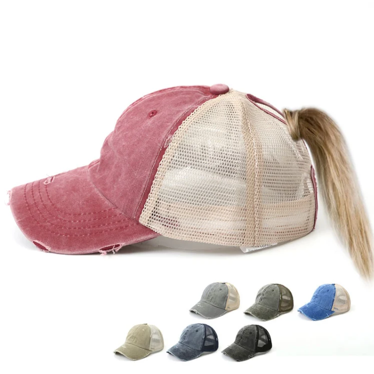 Women Cotton Ponytail Mesh Baseball Cap 1