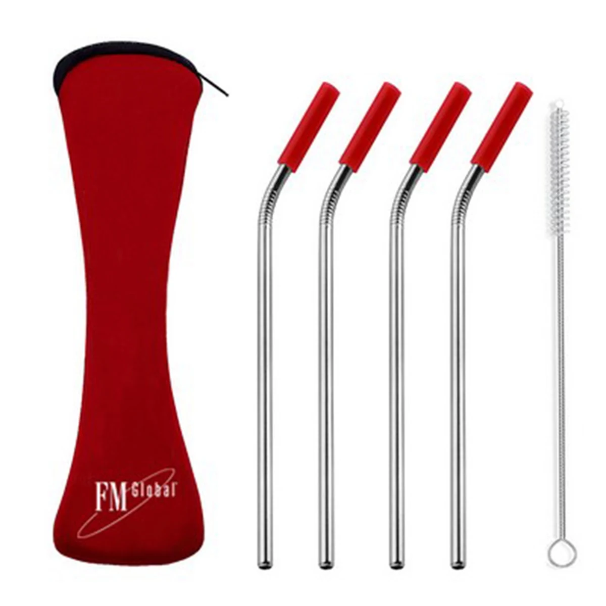 Stainless Steel Bent Straw with Cleaner in Neoprene Bag 1