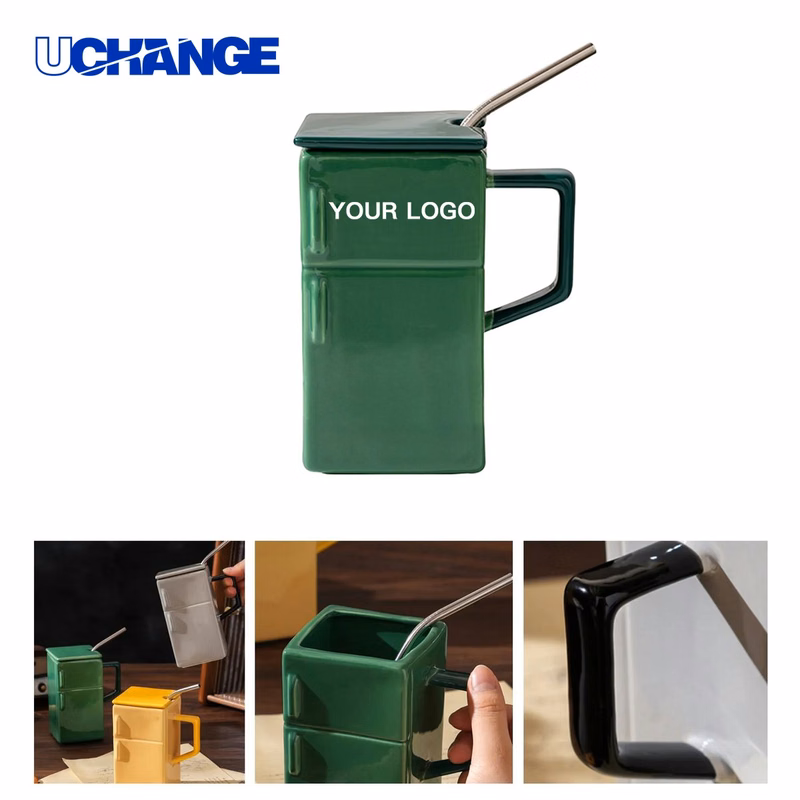 Refrigerator Ceramic Mug Drinkware with Handle and Straw