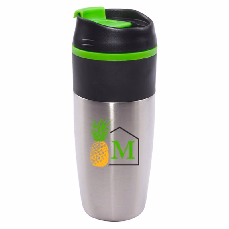 16 oz Bandit Black Stainless Steel Travel Mug with Black Lid and Green Accents