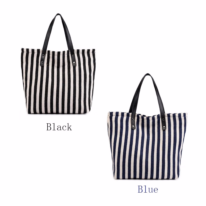 Black and White Striped Canvas Handbag Toge Bag