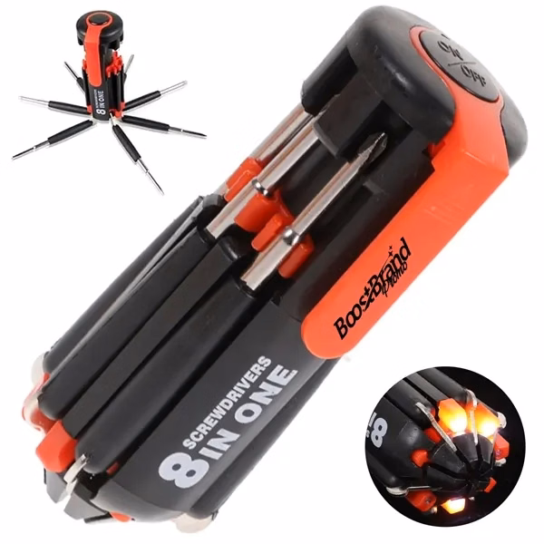 Custom 8-in-1 Folding Multi-Bit Screwdriver with LED Light — Repair & Assembly Tool