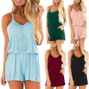 Ladies Spaghetti Strap Romper Shorts 1