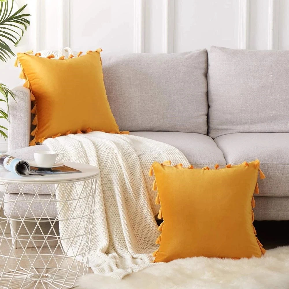 Soft Velvet Solid Square Throw Pillow With Tassels 1