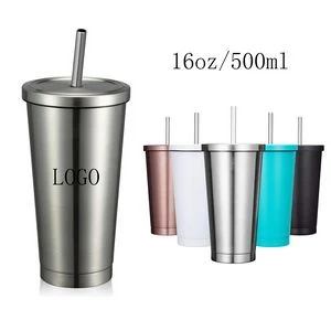 16oz Stainless Steel Insulated Vacuum Coffee Tumbler With Straw 1
