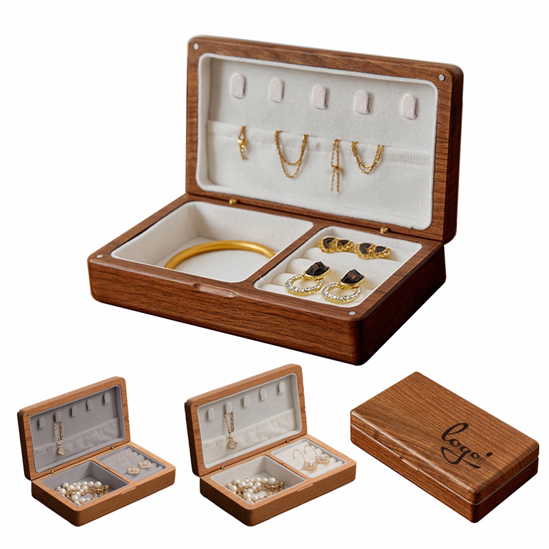 Natural Wood Jewelry Storage Box Velvet Lined Organizer