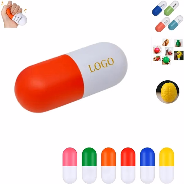 Custom 4.1 Inch Pill Capsule PU Stress Ball — Portable Anxiety Relief Squeeze Toy