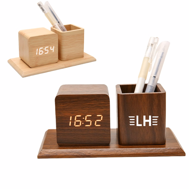 Wooden Digital Desk Clock W/ Pen Holder